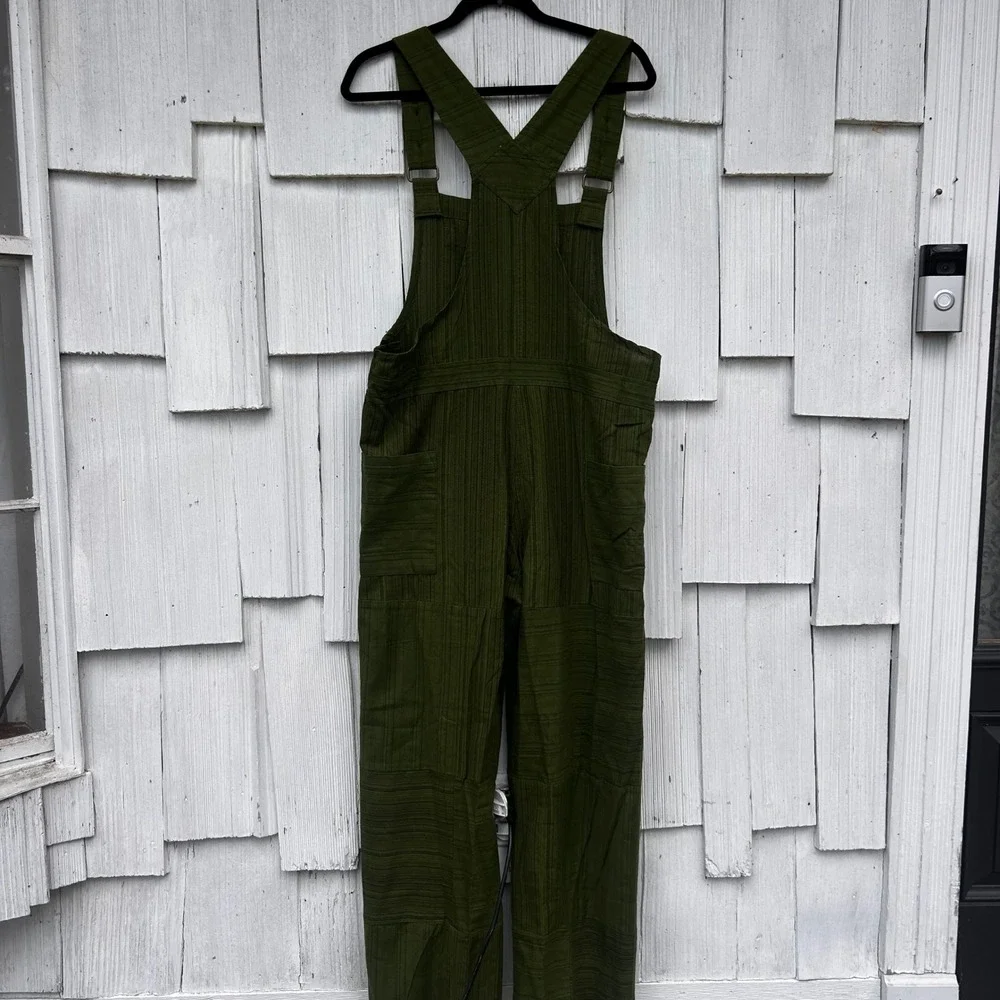 Earthbound Trading Co Olive Green Striped Patchwork Cotton Overalls‎ Small Boho - Picture 8 of 9